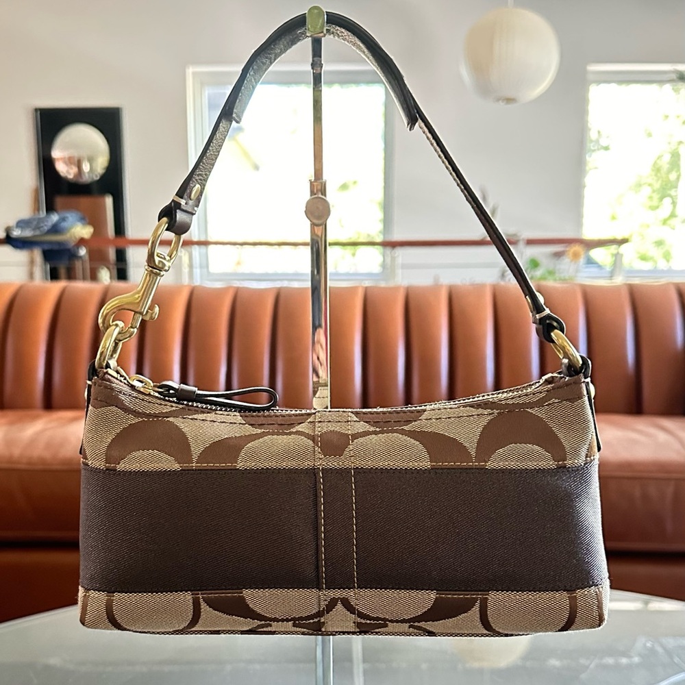 Coach Stripe Demi C Brown Small Jacquard Baguette Mini Shoulder Bag